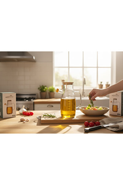 RİVO HOME DECOR Borosilicate Glass Oil Pot with Bamboo Lid 1Lt
