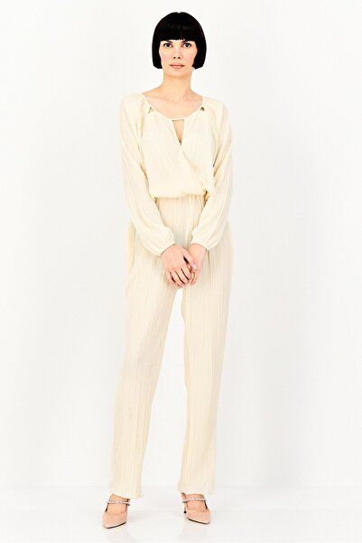 PROMOD Women Textured Long Sleeve Jumpsuit, Beige