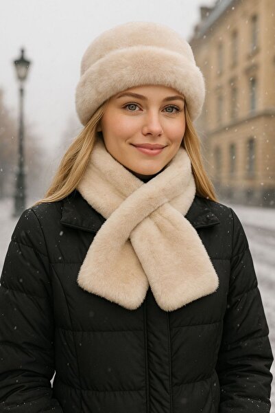 MARBERRY Beige Soft Textured Plush Neck Collar and Earflap Women's Hat
