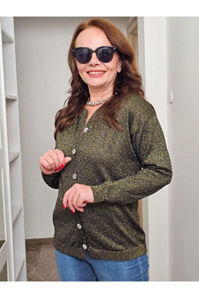 Felix Butik FELİX14353 Bisiklet Yaka Düğmeli Siyah Simli Hırka