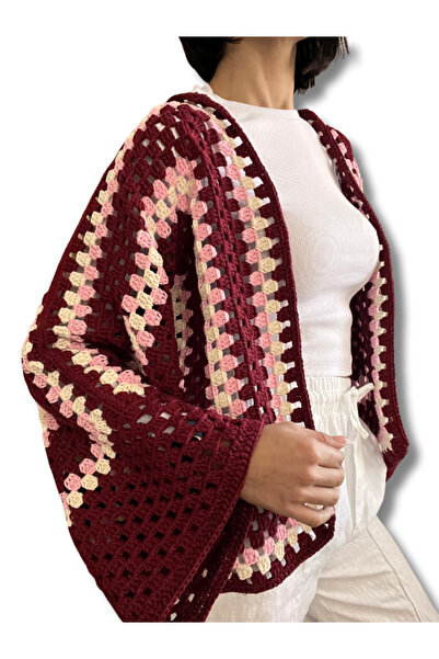 Manella Collective El Yapımı Granny Square Oversize Bordo Kadın Hırka
