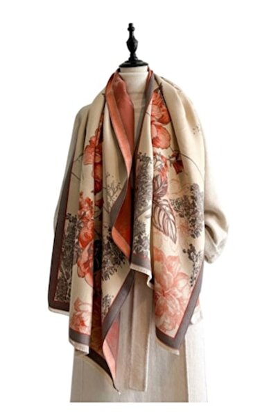 The Casius. Women's long shawl scarf in premium materials, large orange floral print, beige-cream