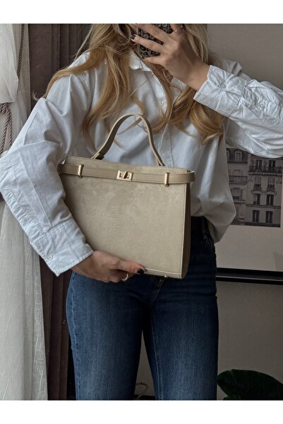 mèche atelier since 2024 Geantă de mână și de umăr din piele de căprioară pentru femei Merlin, cremă