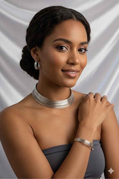 Dorvina طقم قلادة وأقراط وسوار من النحاس الفضي اللون لا يفقد بريقه |   مجوهرا...