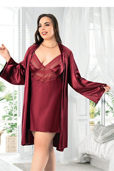 euro click طقم ملابس نوم وروب من الساتان الفاخر باللون العنابي مقاس كبير مكون...