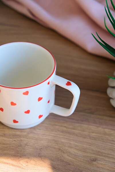 tabakevi Tabak Evi Porcelain Heart Patterned Stacked Mug Red Mesh 250Cc