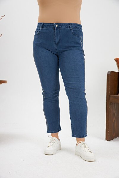 RMG Plus Size Blue Jeans with Stone Stripe Detail on the Sides