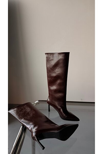 Eataly Shoes Γυναικείες μπότες River High με μυτερή μύτη με ραμμένη μπροστινή πλευρά σε ανοιχτό καφέ χρώμα