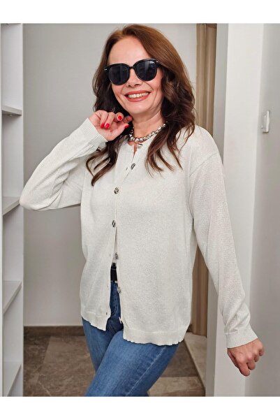 Felix Butik FELİX14354 Bisiklet Yaka Düğmeli Taş Rengi Simli Hırka