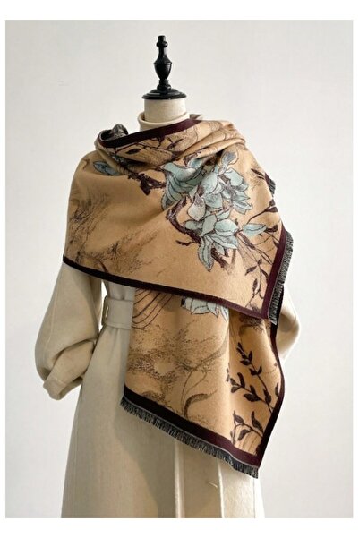 The Casius. Long Shawl Scarf for Women "Blue Flowers" - Beige-Burgundy, The Casius