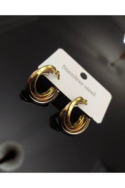 Çelik Üç Renkli Burgu Halka Küpe - Gold Gümüş Rose Geçişli Modern Küpe