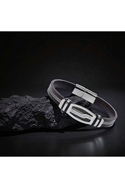 FM Leather Cord Steel Rope Men's Bracelet 31834B17D6