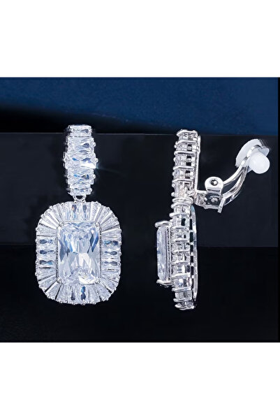 1PARÇAMAVİ 3,5cm Zirkon taşlı dikdörtgen model abiye klipsli kadın küpesi - D...