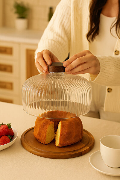 Mirilliahome Acacia Base Glass Cake Pan | 25 cm & 28 cm Stylish Presentation Serving with Lid