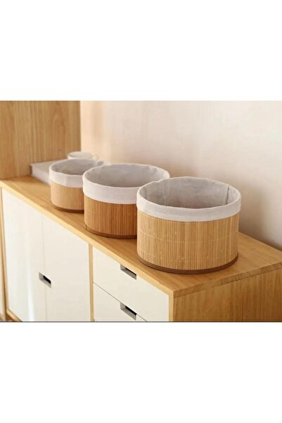 MD HOME 3'lü Çok Amaçlı Bambu Yuvarlak Sepet Seti - Hasır Sepet Organizer-Ekm...