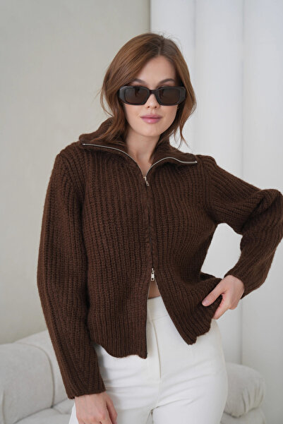 Park Karon Women's Turn-Down Collar Zipper Closure Corded Fabric Knitwear Jacket