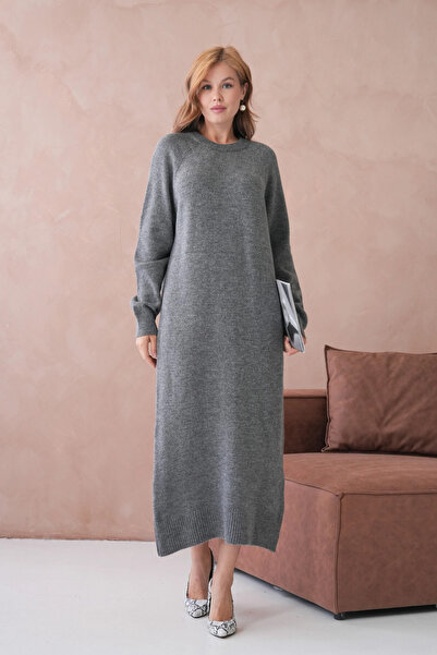 Park Karon Women's Crew Neck Soft Textured Maxi Size Fleece-Lined Oversized Knitwear Dress 8324Sw