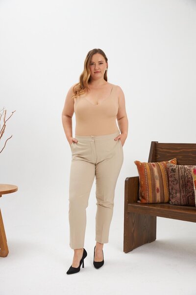 RMG Elastic Waist Mini Slit Plus Size Cream Fabric Trousers