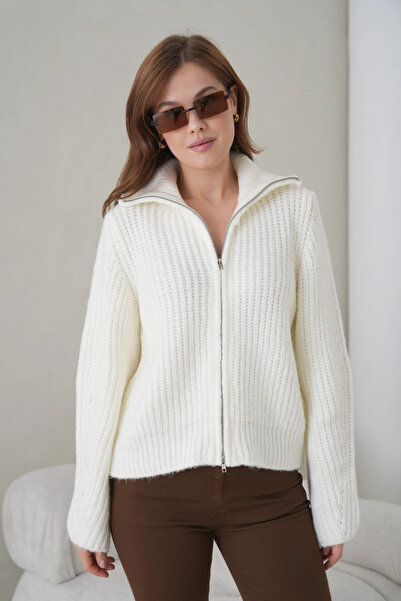 Park Karon Women's Turn-Down Collar Zipper Closure Corded Fabric Knitwear Jacket