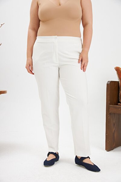 RMG Elastic Waist Leg Mini Slit Large Size Ecru Fabric Trousers