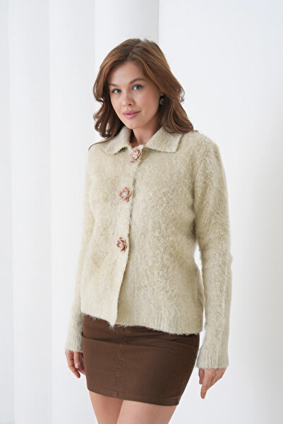 Park Karon Women's Polo Neck Stone Rose Button Detailed Wrinkled Soft Textured Knitwear Jacket