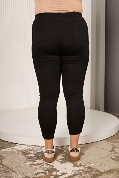 RMG Large Size Black Leggings Pants with Leather Garnish