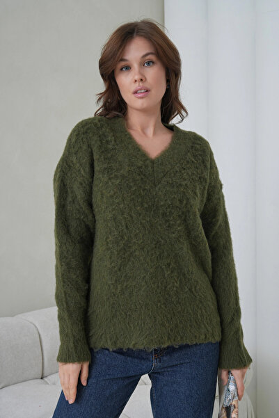 Park Karon Women's V-Neck Beard Textured Fleece-Lined Oversized Knitwear Sweater 8695