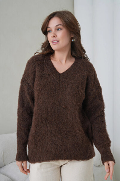 Park Karon Women's V-Neck Beard Textured Fleece-Lined Oversized Knitwear Sweater 8695