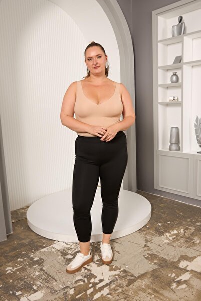 RMG Large Size Black Leggings Pants with Leather Garnish