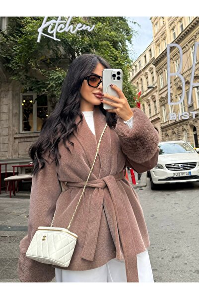 Berf Double-Breasted Collar Belted Cashmere Coat with Fur Detail on the Sleeves