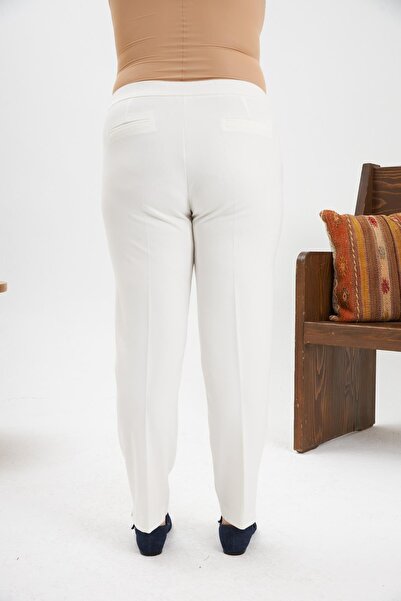 RMG Elastic Waist Leg Mini Slit Large Size Ecru Fabric Trousers