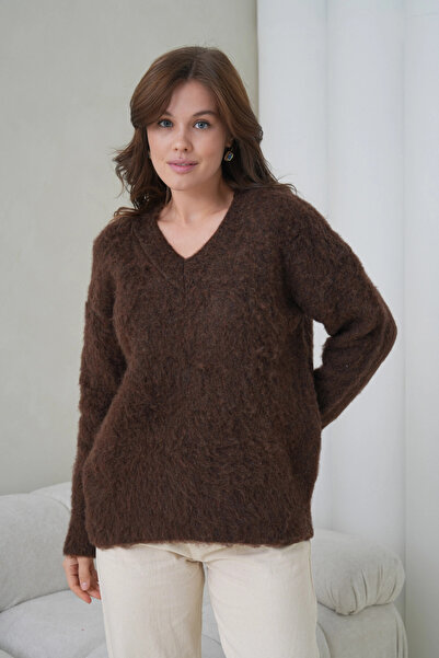 Park Karon Women's V-Neck Beard Textured Fleece-Lined Oversized Knitwear Sweater 8695