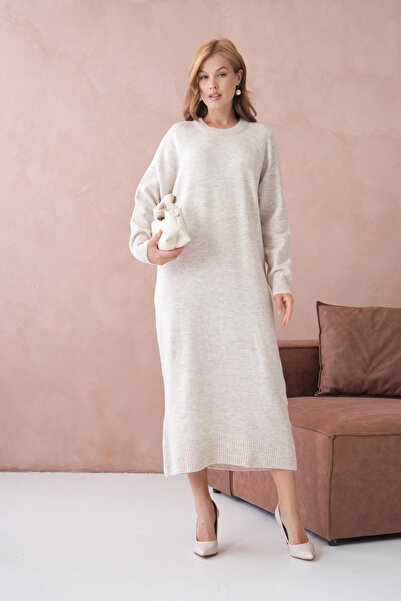 Park Karon Women's Crew Neck Soft Textured Maxi Size Fleece-Lined Oversized Knitwear Dress 8324Sw