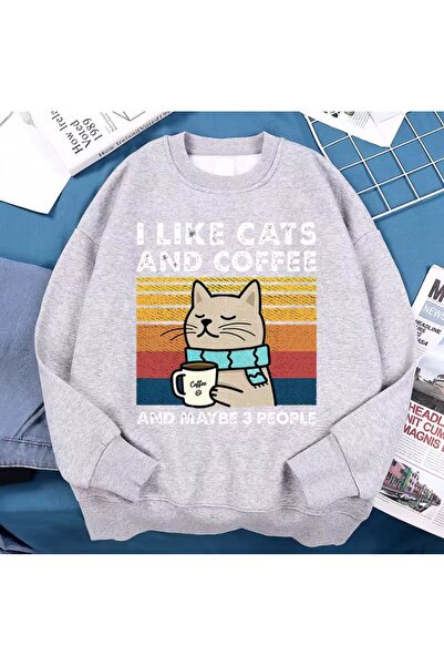 LELVANİ Cat Colorful Printed Grey Sweater