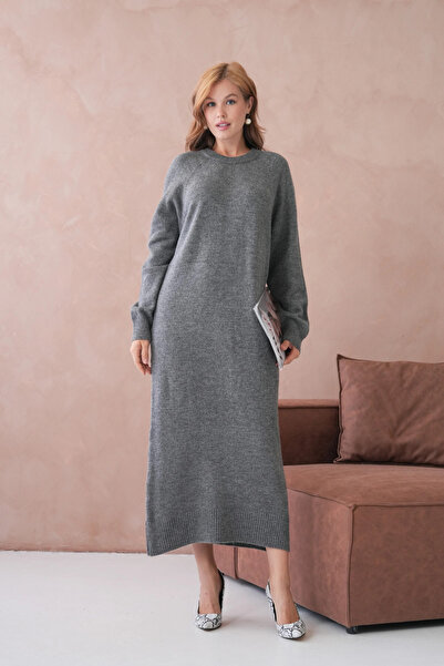 Park Karon Women's Crew Neck Soft Textured Maxi Size Fleece-Lined Oversized Knitwear Dress 8324Sw