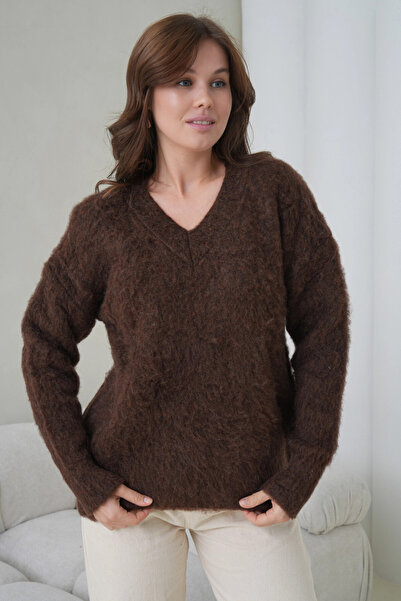 Park Karon Women's V-Neck Beard Textured Fleece-Lined Oversized Knitwear Sweater 8695