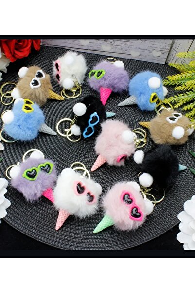 Şirin 1 ADET--Gözlüklü Dondurma Ponpon Peluş Anahtarlık-Renk belirtilmemiş
