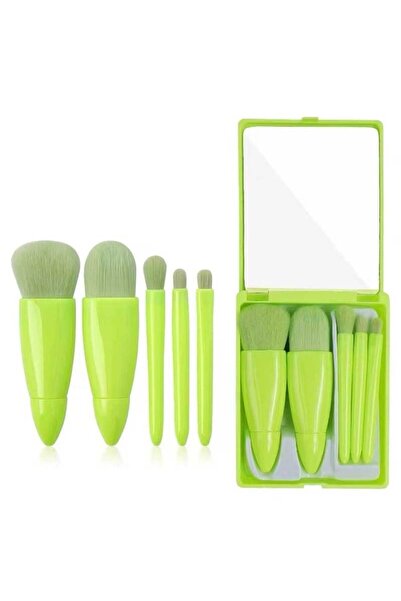 Makeup Set de 5 mini pensule, portabile, cutie cu oglindă, verde