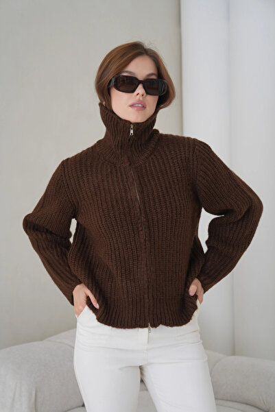 Park Karon Women's Turn-Down Collar Zipper Closure Corded Fabric Knitwear Jacket