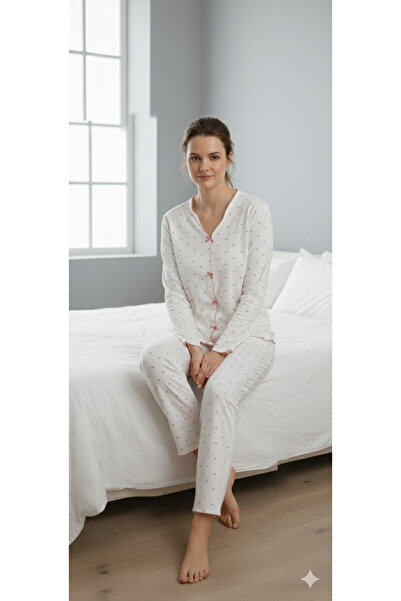 Sude kadın pijama takımı önü fiyonk detaylı pembe kalpli