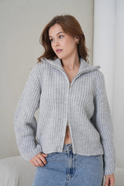 Park Karon Women's Turn-Down Collar Zipper Closure Corded Fabric Knitwear Jacket