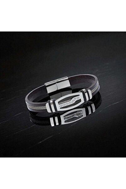 FM Leather Cord Steel Rope Men's Bracelet 31834B17D6