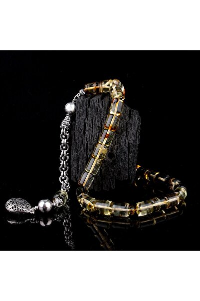 Tesbihsepetim Kapsül Kesim Fosilli Damla Kehribar 925 Ayar Gümüş Püsküllü Tesbih