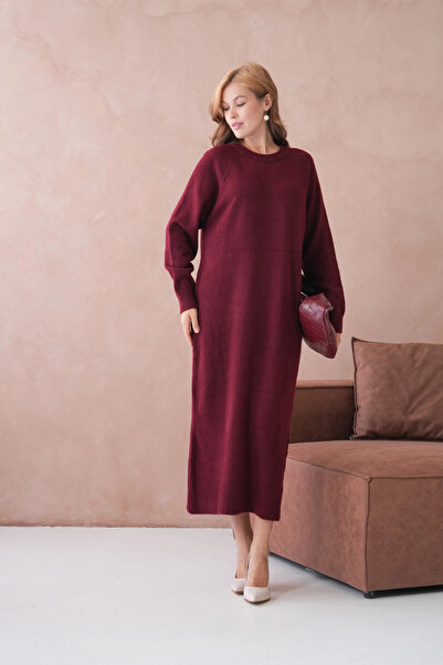 Park Karon Women's Crew Neck Soft Textured Maxi Size Fleece-Lined Oversized Knitwear Dress 8324Sw