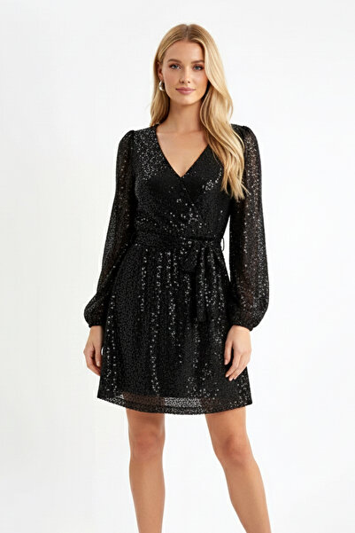 Giyyin Black Long Sleeve Sweetheart Neck Sequined Fabric Mini Dress
