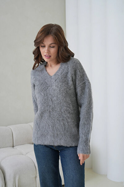 Park Karon Women's V-Neck Beard Textured Fleece-Lined Oversized Knitwear Sweater 8695