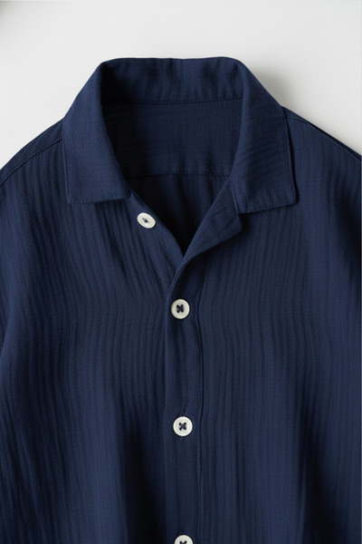 A&O Style Men's Navy Blue Oversized Muslin Long Sleeve Linen Shirt
