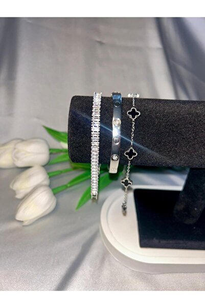 ATALYA ACCESSORY Üçlü Kombin Su Yolu Kelepçe Kadın Bileklik Seti Paslanmaz Ka...