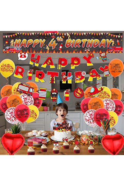 OEM Birthday party for a 4 year old boy, with firefighters, balloons, garland and cake decoration, textile banner