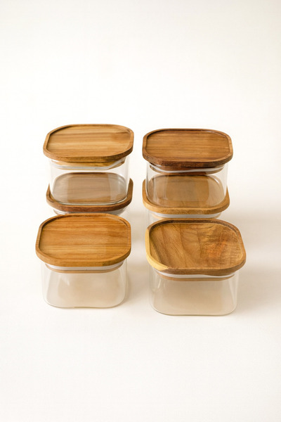 Mirilliahome 6-Piece Square Breakfast Set with Acacia Lid – Glass Presentation and Storage Containers